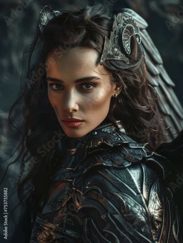  a close up of a woman wearing a leather outfit with wings on her head and a sword in her hand.
