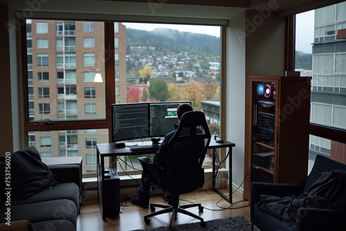 Software developer working on code in home office overlooking city skyline
