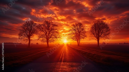 Sunset over road in fields, a fiery sky painted with streaks of orange and red, the silhouette of trees lining the roadside, the golden glow of the sun casting long shadows across the landscape