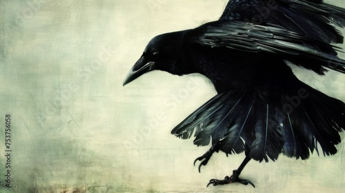  a painting of a black bird flying in the air with its wings spread out and its wings spread wide open.