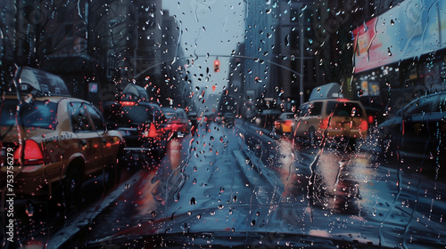 Pluie urbaine : Scène de rue animée sous une pluie battante

 photo
