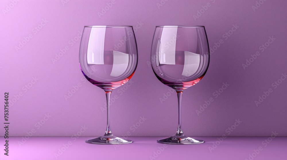 two wine glasses sitting next to each other on a purple surface with a light reflection on the bottom of the glasses. two wine glasses sitting next to each other on a purple surface with a light reflection on the bottom of the glasses.
