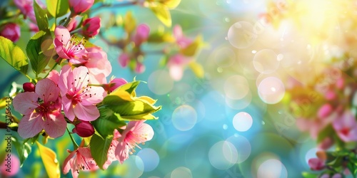 Springtime Splendor, Flowers Against a Dreamy Sky Background with Abstract Defocused Light © EMRAN