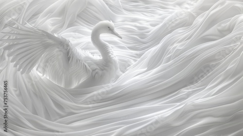 Fototapeta Naklejka Na Ścianę i Meble -   a large white swan floating on top of a bed covered in white sheets and sheets on top of it's head.