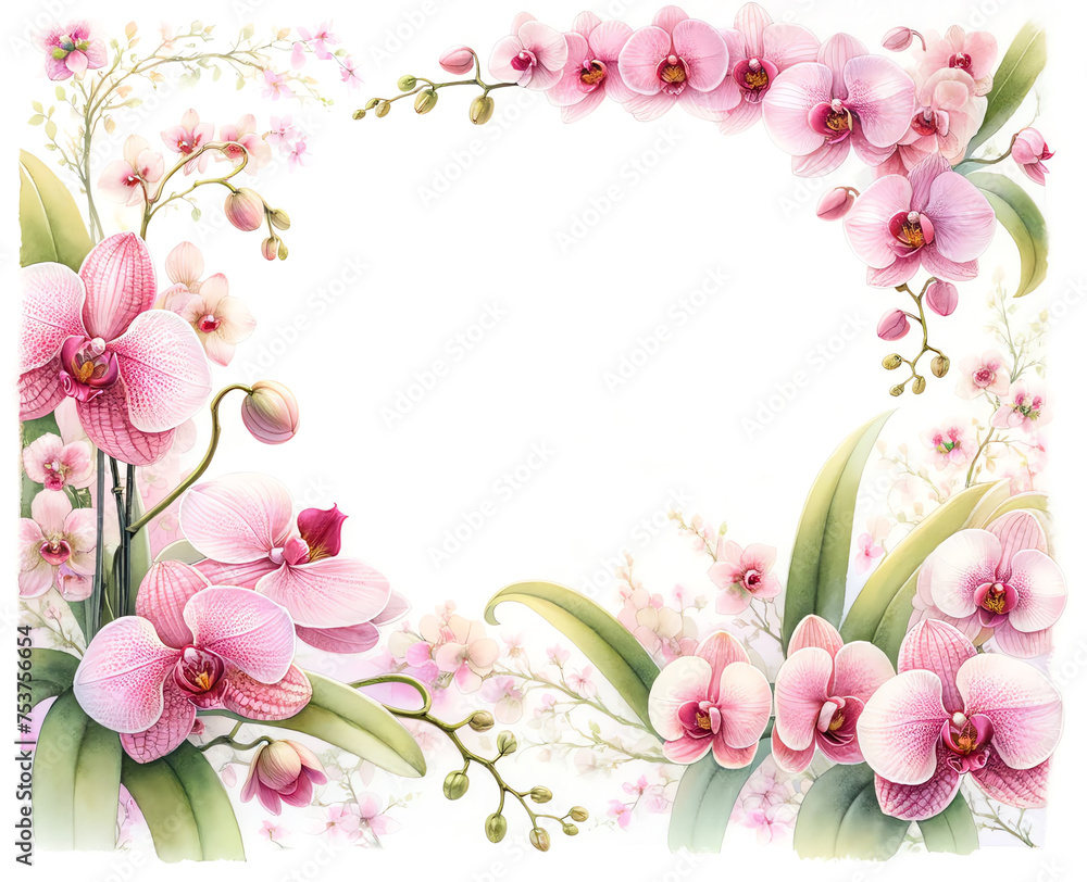 Watercolor of pink orchids for corner and border invitation