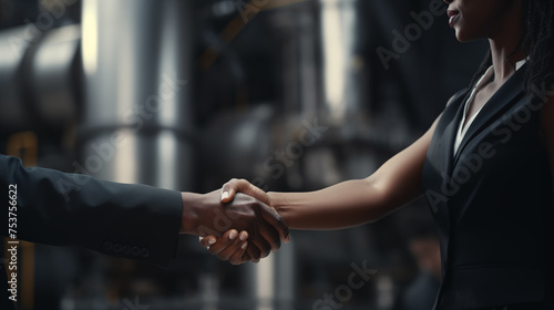 Business woman handshake closeup, in the background are the projects of some complex industrial installations.