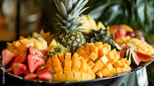 A tropical fruit platter featuring exotic fruits like pineapple, mango, and papaya photo