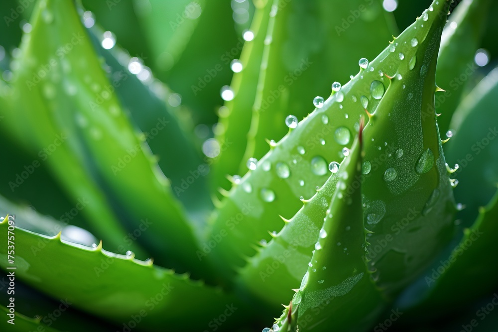 Close up small sprouts of aloe plant with water droplets after watering, concept of alternative health and face and body care Close up small sprouts of aloe plant with water droplets after watering, concept of alternative health and face and body care