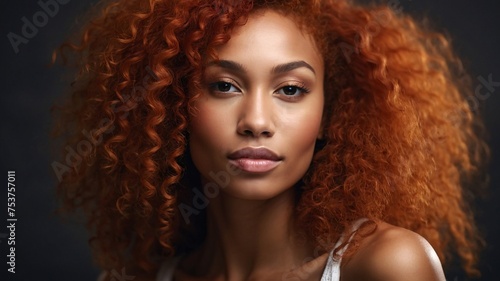 beautiful smirking curly redhead american african woman with healthy skin looks at the camera. natural makeup of a young beautiful model on a studio background. cosmetic concept.