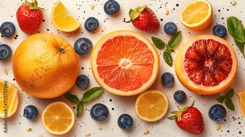 oranges, strawberries, blueberries, and strawberries on a white surface with green leaves and strawberries.