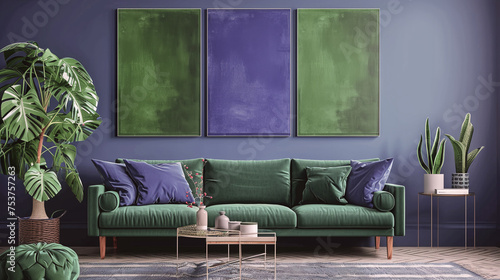 Maqueta de un salón de diseño con un sofá verde y una pared morada con tres cuadros de colores. El sofá está cubierto de cojines y hay una maceta en una esquina. photo