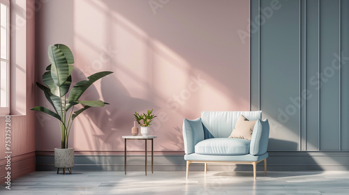 Mockup de una sala interior de color pastel con un sofa azul y una maceta. El sofa está delante de una pared de color rosa photo