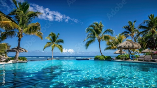 Tropical Paradise. Island Palm Trees, Swimming Pools, and Sunshine on a Perfect Sunny Day. © EMRAN