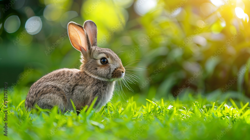 Fototapeta premium cute rabbit on green meadow with beautiful light .