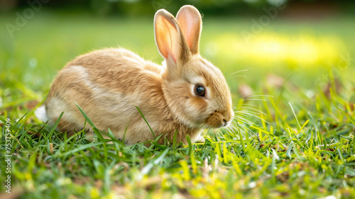 cute rabbit on green meadow with beautiful light .