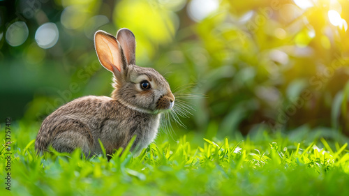 cute rabbit on green meadow with beautiful light .