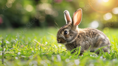 cute rabbit on green meadow with beautiful light .