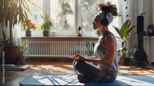 healthy beautiful women in sport wear doing yoga the namaste pose at cozy house in the morning wearing headphone listen to music..