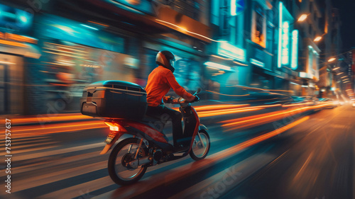 Food Delivery man ride motorcycle on the road at night , deliver parcel to customer at night with light trail . © sattawat