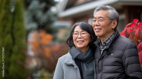 Senior Asian couple happy strolls through suburban neighborhood