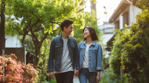 Young asian couple happy strolls through suburban neighborhood © Nuchylee