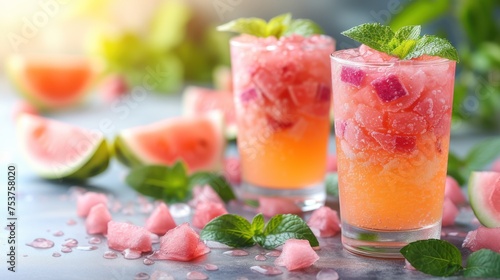 two glasses of watermelon mojits with mint garnish on a table with slices of watermelon and mint.