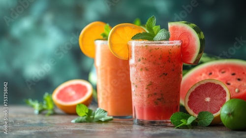 two glasses of watermelon  lime  and grapefruit smoothie next to sliced watermelon and limes.