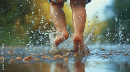 Toddler bare feet jumping and splashing in a puddle, creating water droplets. Small child playing outdoors in nature during summer or spring season