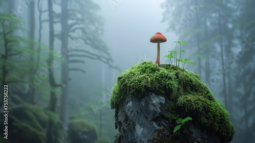  a mushroom sitting on top of a moss covered rock in the middle of a forest with trees in the background. © Ilona