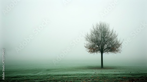  a foggy field with a lone tree in the foreground and a tall tower in the distance in the distance.