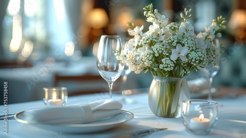 a vase filled with white flowers sitting on top of a table next to a plate and a glass of wine. photo