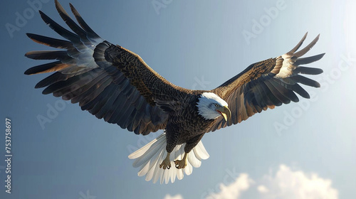 A majestic bald eagle soaring through a clear blue sky, captured with stunning clarity and detail.