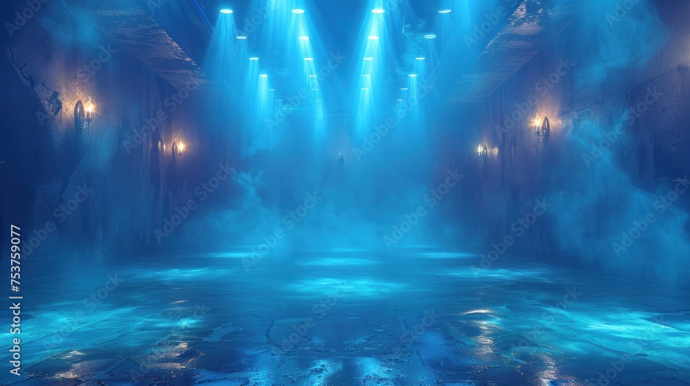 a dimly lit room with blue lights on the ceiling and a pool of water in the middle of the room.