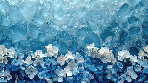 a painting of blue and white flowers with drops of water on the bottom of the painting and the bottom of the painting is blue and white flowers on the bottom of the painting.