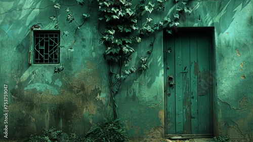  a green door with vines growing up the side of a green building with a window on the side of the building. © Ilona