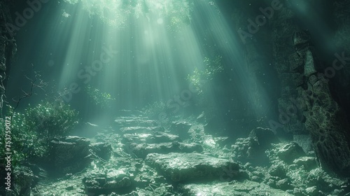 the sun shines through the trees and rocks in a forest filled with rocks and plants, while the sun shines through the trees and rocks on the ground.