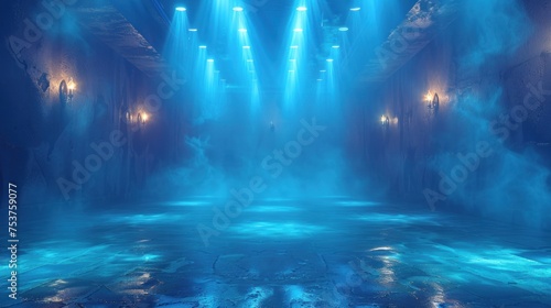 a dimly lit room with blue lights on the ceiling and a pool of water in the middle of the room. photo