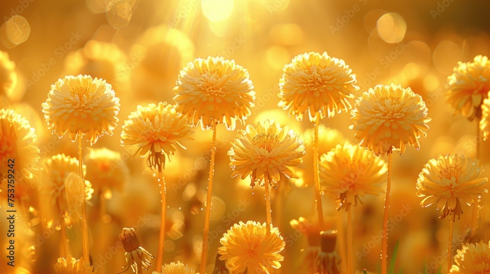 a field full of yellow dandelions with the sun shining through the dandelions on the top of them.