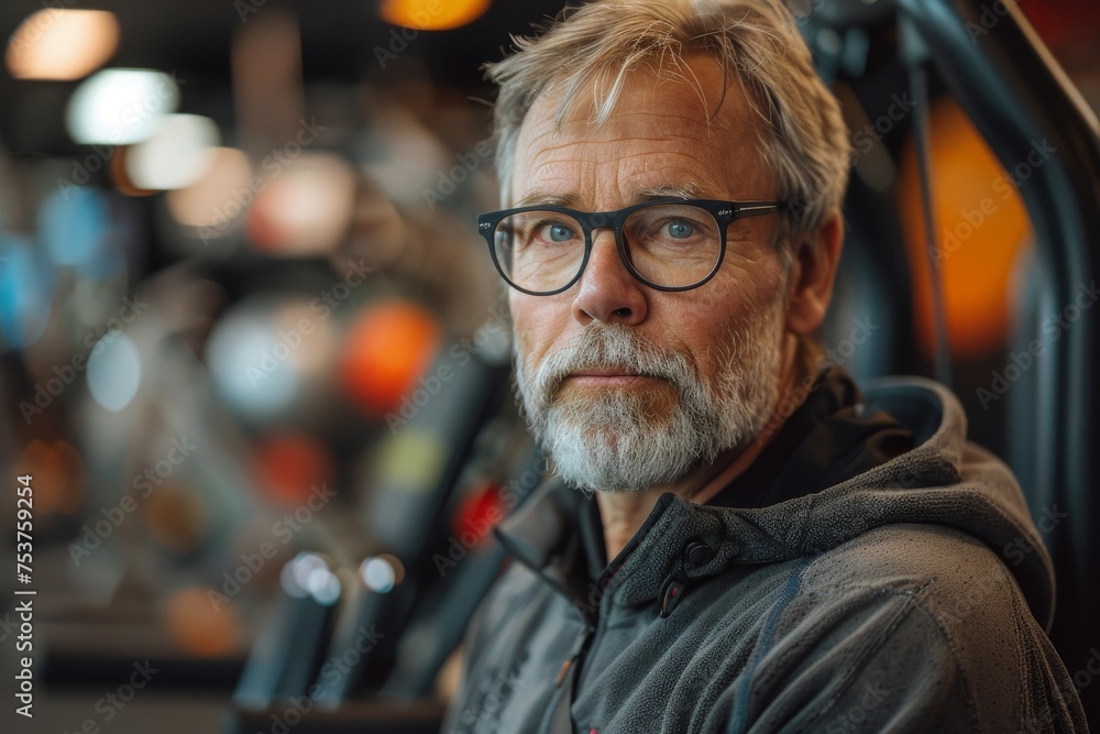 Portrait of a middle-aged man with beard and glasses resting in a gym, showing contemplation Portrait of a middle-aged man with beard and glasses resting in a gym, showing contemplation
