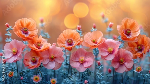 a group of orange and pink flowers in a field of blue and pink flowers with a yellow boke of light in the background.