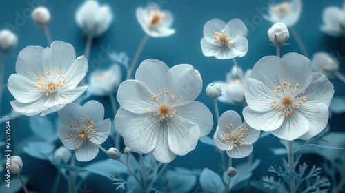 a group of white flowers sitting next to each other on a blue background with white flowers in the middle of the frame.