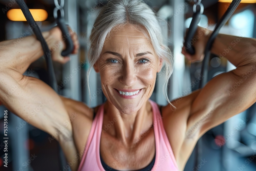 Obraz premium A vibrant mature woman with a captivating smile engages in a strength training exercise using gym equipment