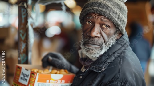 Portrait of an African-american homeless man taking free food at a charity food distribution shelter photo