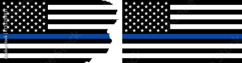 Black American flags vector with blue line. Standard flag and with torn edges