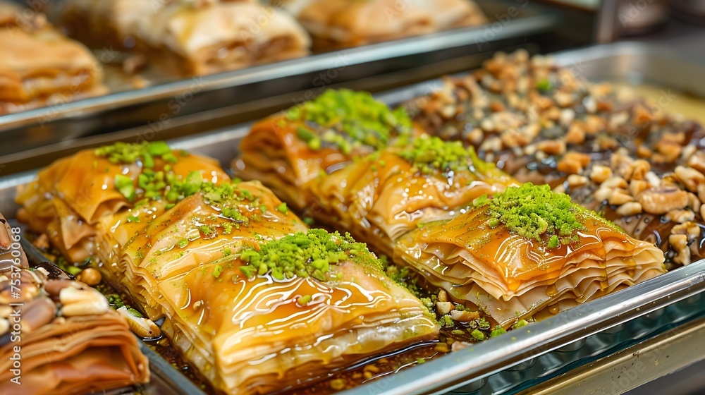 A tray of assorted baklava, each piece topped with chopped nuts and honey