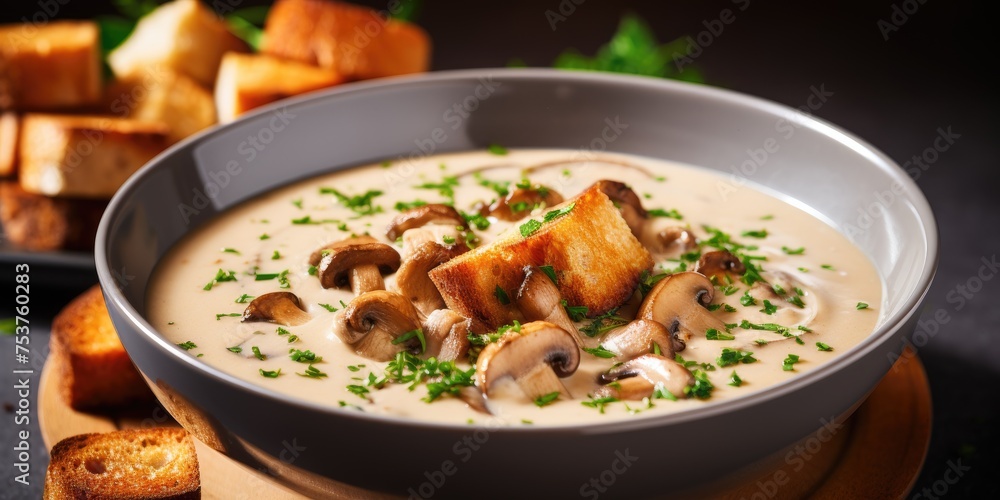 Classic mushroom soup puree with croutons, healthy eating. Generative AI Classic mushroom soup puree with croutons, healthy eating. Generative AI
