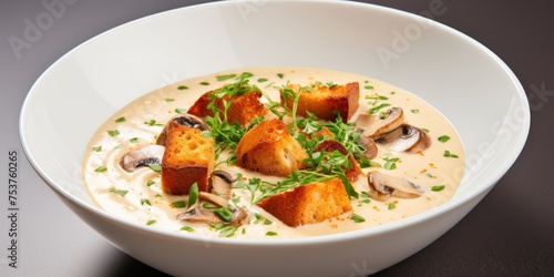 Classic mushroom soup puree with croutons, healthy eating. Generative AI