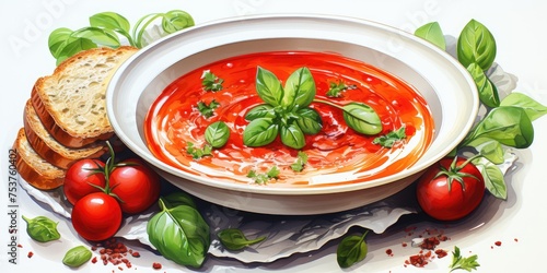 watercolor tomato soup with basil and tomatoes on a white background. 