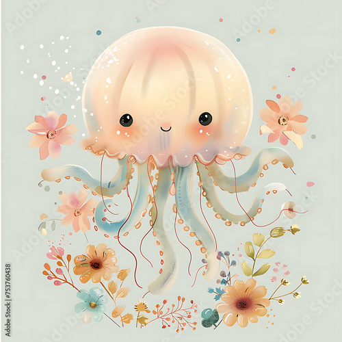 Illustration with a cute pink jellifish, flowers and seaweed on a blue background, in watercolor  style. Ideal for the design of cards, posters, wallpapers, prints on mugs, pillows, bags, packaging photo