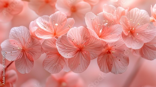 a group of pink flowers with water droplets on them and pink petals in the middle of the petals  with a soft pink background.